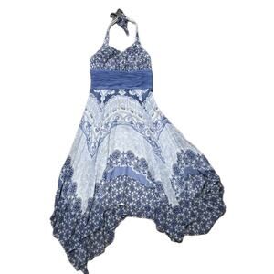 Vintage Silk Fairycore Halter Dress Womens 10 Blue Geometric Beach Asymmetrical
